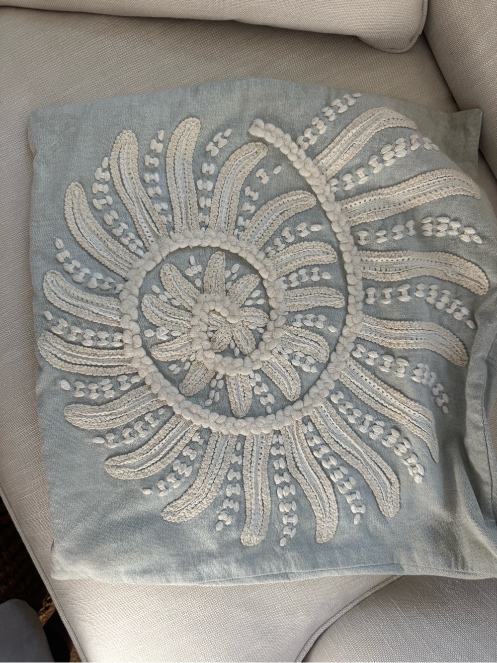 Pottery Barn Embroidered Spiral Throw Pillow Cover - Light Blue with Cream Motif
